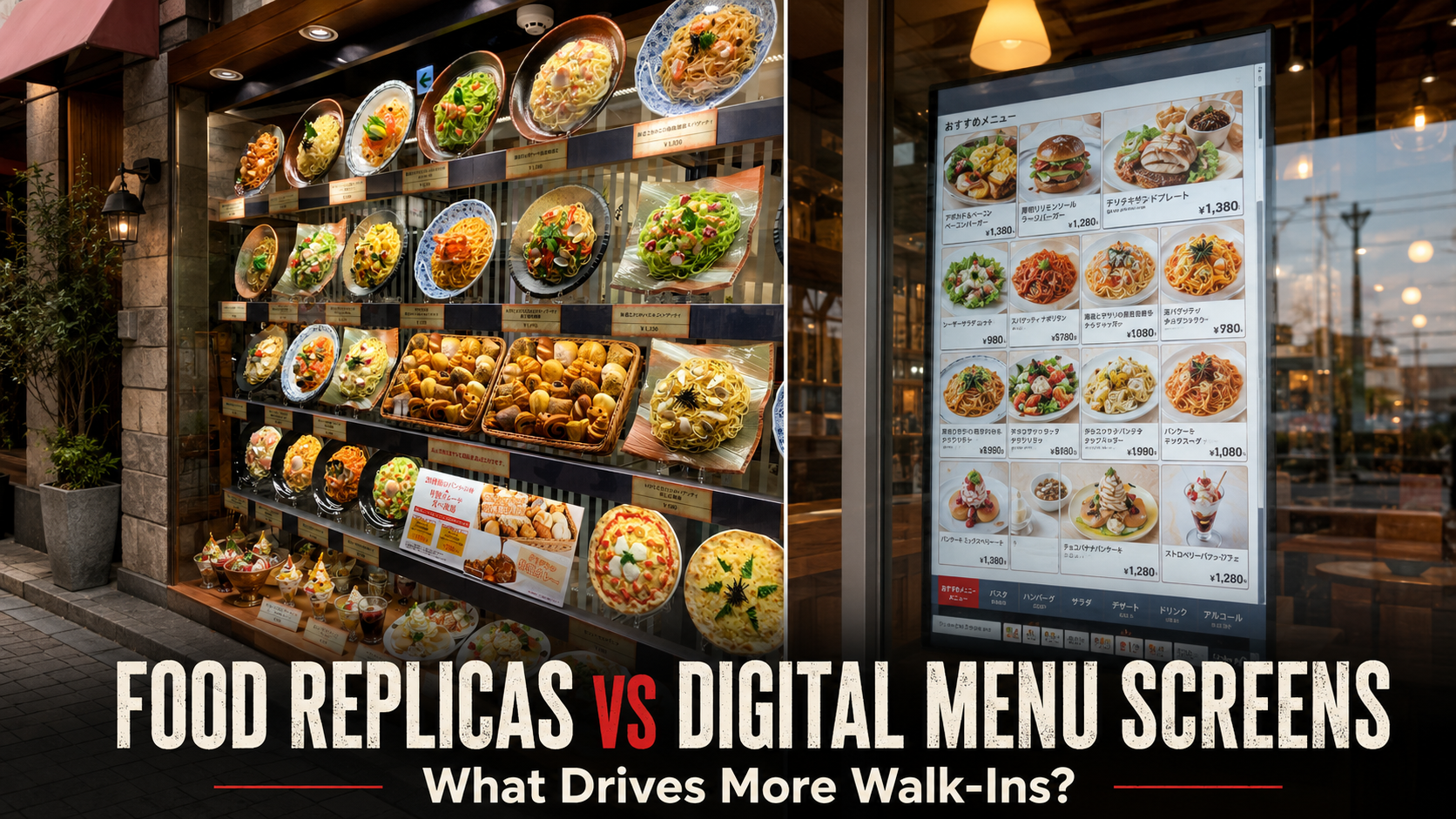 Split image comparing a restaurant window filled with food replicas and a digital menu screen