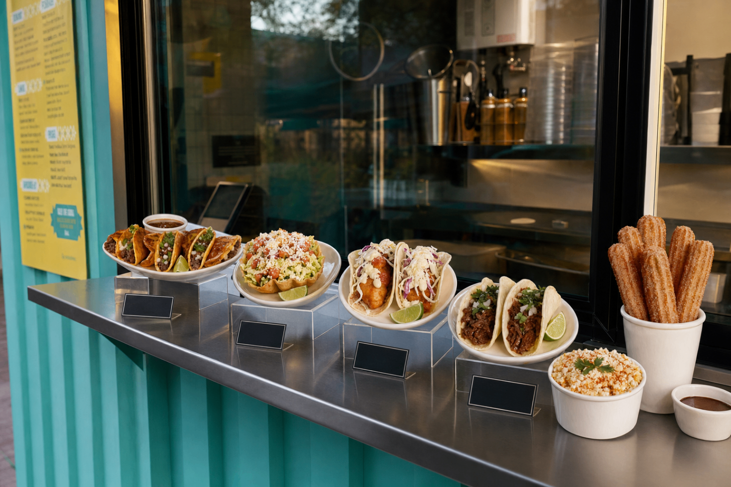 Food replicas of tacos, taco salad, churros and elote arranged along a food truck counter