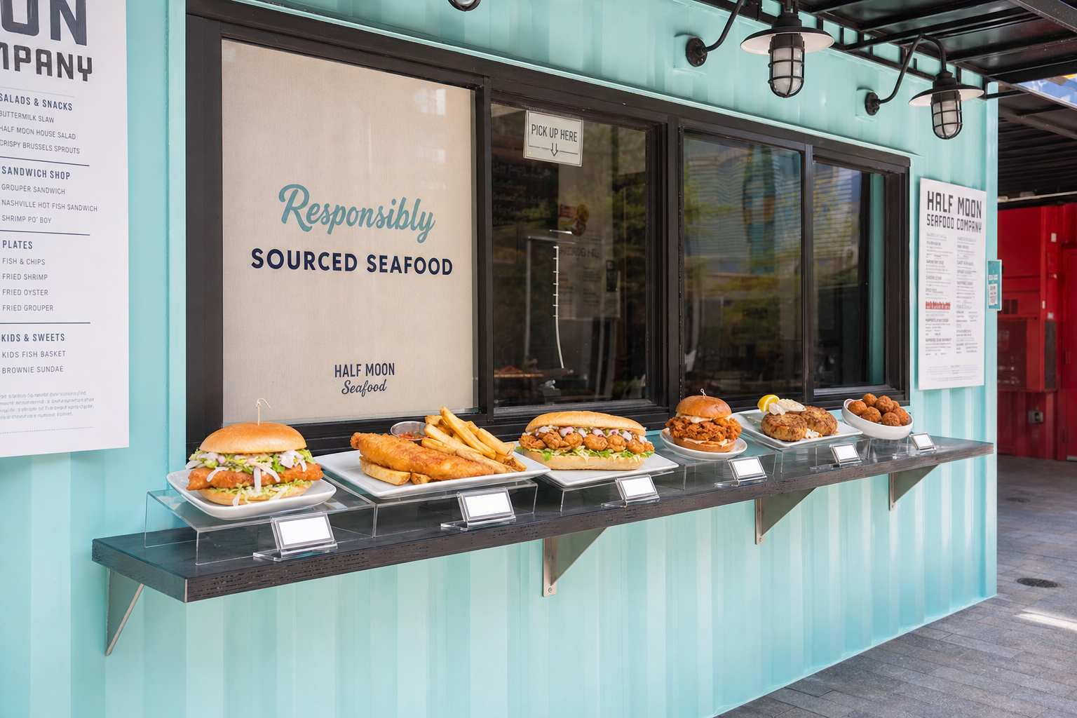 Half Moon Seafood Co., fish sandwich, fried shrimp, hush puppies.
