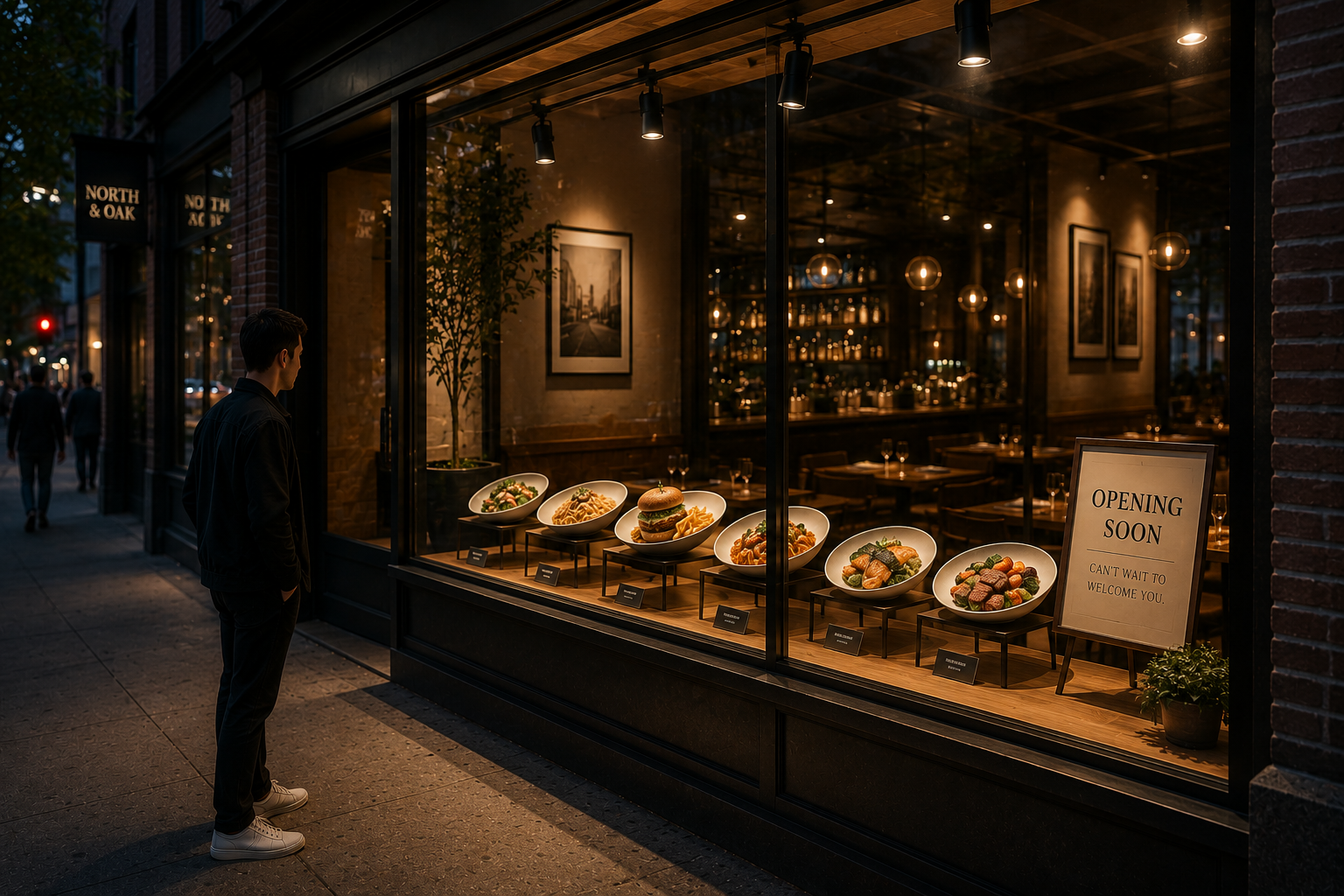 Restaurant window at night lit with hyperrealistic food replica dishes and an Opening Soon sign