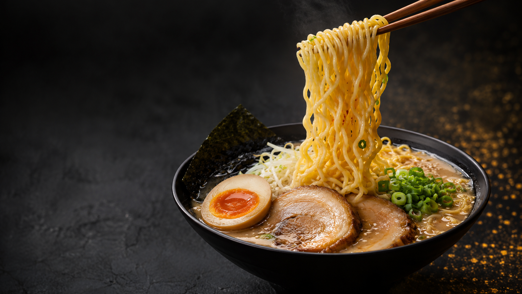 Hyperrealistic ramen food replica with chopsticks lifting noodles above the bowl